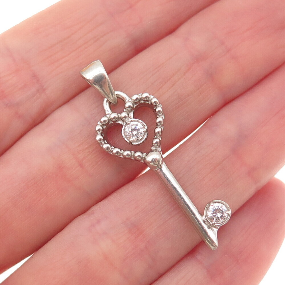 925 Sterling Silver Round-Cut C Z Heart Key Charm Pendant